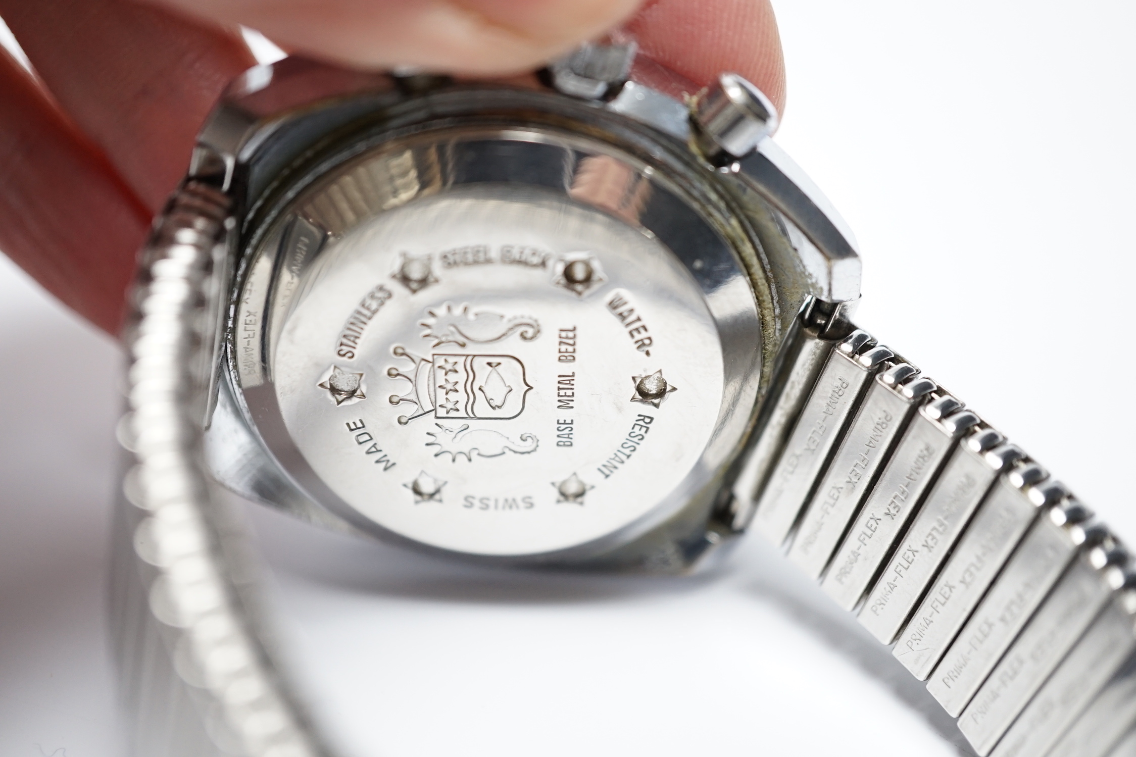 A 1970's Swiss stainless steel Chrono Start 17 jewel manual wind wrist watch, on an associated flexible strap.